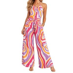 Sundress Halter Wide Leg Jumpsuit Retro Print Pink Orange Resort XS/S